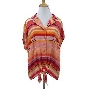 Torrid Challis Blouse Womens 00 Sunset Striped Front Tie Waist Notch Cap Sleeve